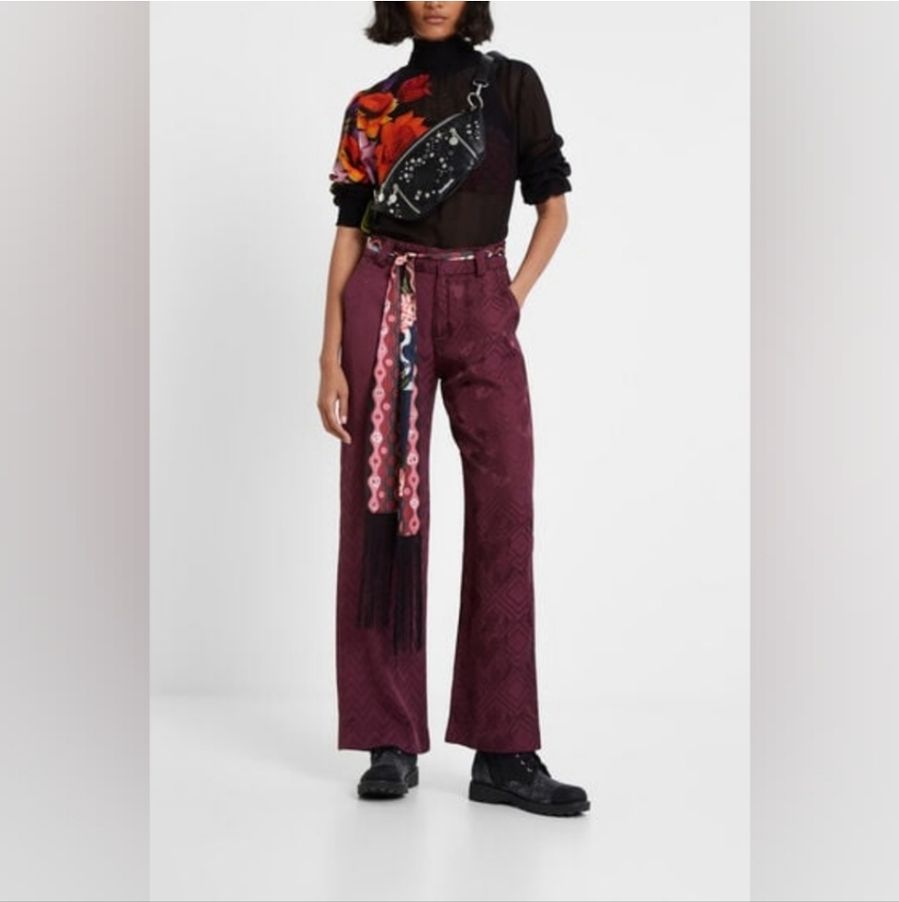 💜 Desigual Jacquard 100% Viscose Wide Leg Trousers w/ Scarf Belt, EU 44/10, NWT